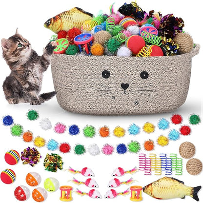 Zopeal 58 Pcs Easter Cat Storage Basket Gift Toys Set, Colorful Flashing Balls Pet Bell Crinkle Balls Spring Toys Attract Cat to Swat, Hunt, Interactive for Pet(Dark Brown,12 Inch)