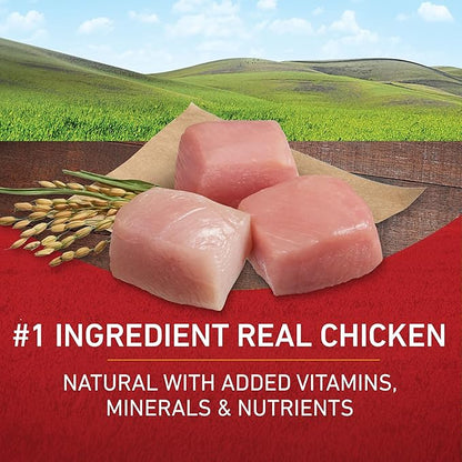 Raw chicken pieces on a wooden surface with a scenic background, emphasizing 'Real Chicken' as the #1 ingredient.