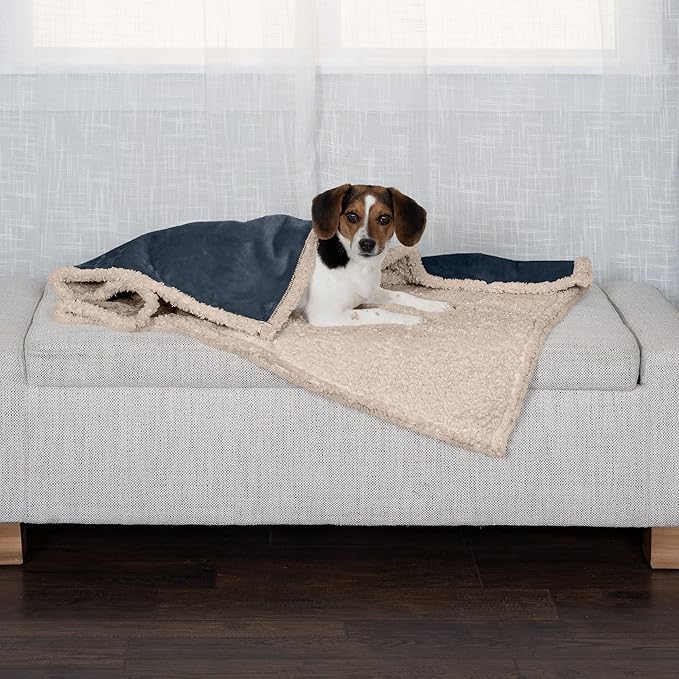 Furhaven Waterproof & Self-Warming Throw Blanket for Dogs & Indoor Cats, Washable & Reflects Body Heat - Soft-Edged Terry & Sherpa Dog Blanket - Cozy Denim, Medium