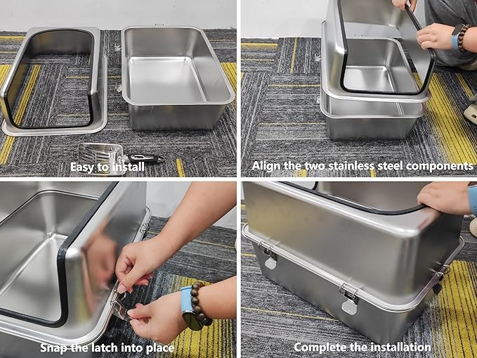 Stainless Steel Cat Litter Box, 19.7" L x 13.8" W x 11.8" H Large Semi Enclosed Removable Metal Litter Tray with High Sided Enclosure, Scoop, Anti-Leakage, Non-Sticky, Easy Cleaning