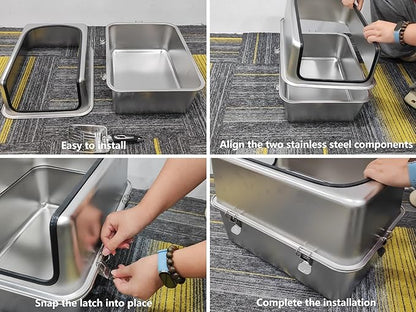 Stainless Steel Cat Litter Box, 19.7" L x 13.8" W x 11.8" H Large Semi Enclosed Removable Metal Litter Tray with High Sided Enclosure, Scoop, Anti-Leakage, Non-Sticky, Easy Cleaning