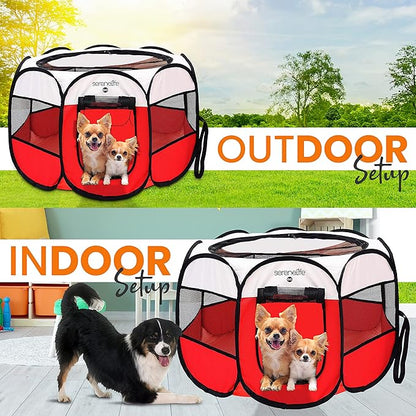 SereneLife On-The-Go Foldable Portable Pet Tent 8-Panel Playpen for Dog & Cat w/Food/Water Bowl, Mesh Exercise Puppy Playground, Pet House Indoor & Outdoor, Travel & Camping Pet Kennel (Red- Medium)