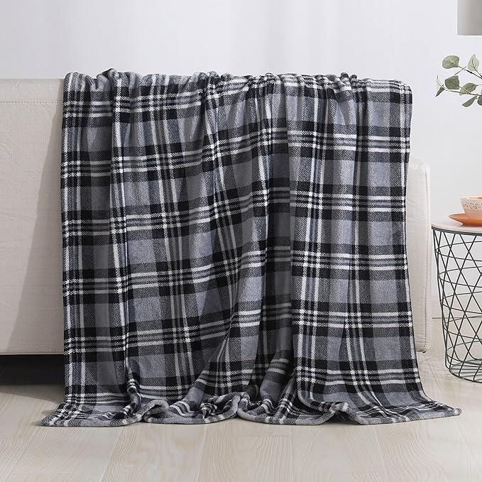 Elegant Comfort Velvet Touch Ultra Plush Christmas Holiday Printed Fleece Throw/Blanket-50 x 60inch, (Gray Plaid)