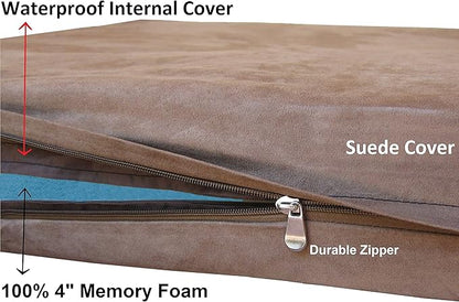 XL Durable Waterproof Dog Bed with Orthopedic Gel Cooling Memory Foam Pad for Medium to Large Pet, Microsuede in Brown Color, 40"X35"X4"
