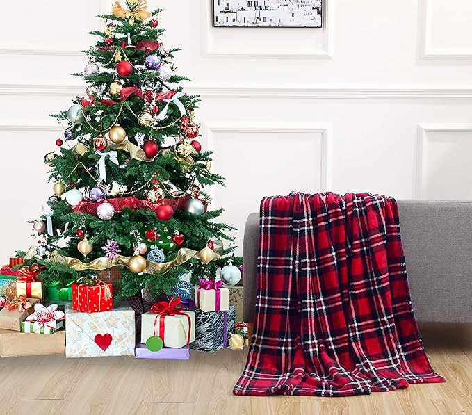 Elegant Comfort Velvet Touch Ultra Plush Christmas Holiday Printed Fleece Throw/Blanket-50 x 60inch, (Plaid)