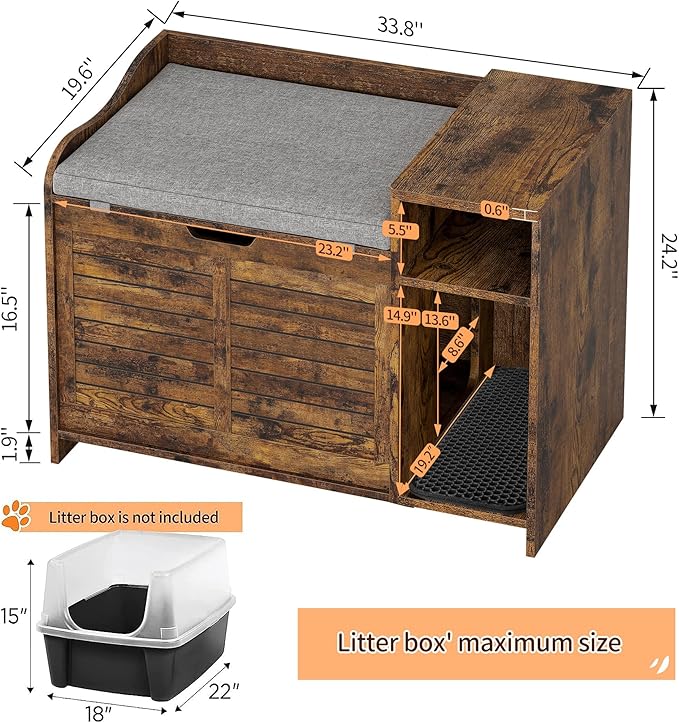 IDEALHOUSE Cat Litter Box Enclosures with Top Opening with Cushion, Cat Litter Box Furniture Hidden, Cat House, Privacy Cat Litter Box Cabinet, Storage Cabinet, Hidden Litter Box Furniture, Brown