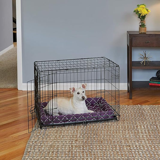 MidWest Homes for Pets 40230-PLD Quiet Time Couture Ashton Bolster Pet Bed, Intermediate Dog/30, Plum, Plum & White Diamond Pattern, 30-Inch