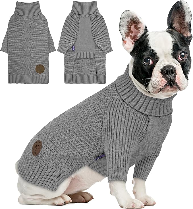 cyeollo Turtleneck Dog Sweater Knitted Cable Sweaters with Long Sleeves Winter Pet Clothes Pet Small Dog Sweaters, Grey XL