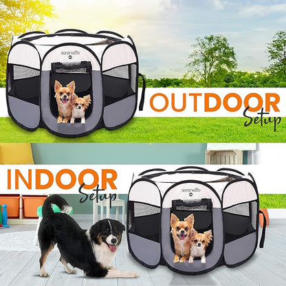 SereneLife ON-The-GO Foldable Portable Pet Tent 8-Panel Playpen for Dog & Cat w/Food/Water Bowl, Mesh, Pet House Indoor & Outdoor, Travel & Camping Pet Kennel Exercise Puppy Playground (Grey - Medium)