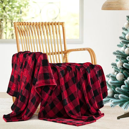 Elegant Comfort Velvet Touch Ultra Plush Christmas Holiday Buffalo Plaid Fleece Throw/Blanket-50 x 60inch, Buffalo Burgundy