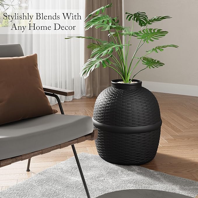 Hidden Litter Box with Faux Plant, Large Cat Litter Box with Rattan Pattern, Heavy Duty PP Material Litter Box Enclosure Furniture for Home Decor, Black