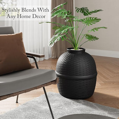 Hidden Litter Box with Faux Plant, Large Cat Litter Box with Rattan Pattern, Heavy Duty PP Material Litter Box Enclosure Furniture for Home Decor, Black