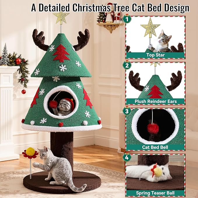 YITAHOME Christmas Cat Tree, 47.2in Christmas Tree Cat Tower with Teaser Ball, Festive Kitty Bed Furniture for Small Cats