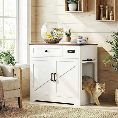 LIKIMIO 31.5" Smart Cat Litter Box Enclosure with LED Odor Control, Farmhouse Hidden Cat Litter Box Furniture with Hinged Entrance and Drawer, Litter Box Cabinet for Living Room, White