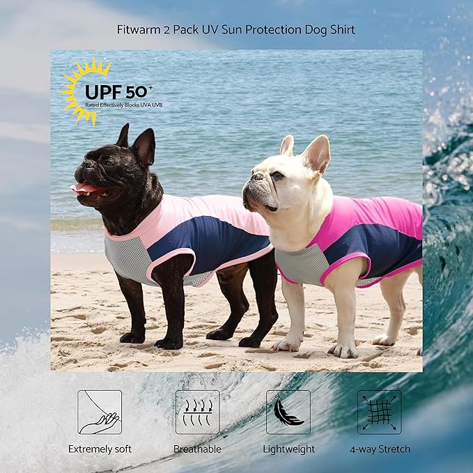 Fitwarm 2 Pack UPF 50+ UV Sun Protection Dog Shirt, Lightweight Breathable Cooling Vest, Quick Dry Dog Summer Clothes for Small Dogs Boy Girl, Reflective Label Pet Cat Outfit, Pink, XL
