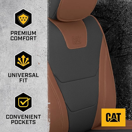 Cat® Edge Deluxe Faux Leather Car Seat Covers – Full Set (2 Front + 1 Rear Bench) – Semi-Custom Universal Fit, Two-Tone Black – Rugged Automotive Interior Covers for Cars, Trucks & SUVs