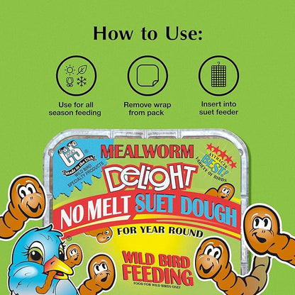 C&S Mealworm Delight No Melt Suet Dough, Suet Cakes for Wild Birds Including Robins, Blue Jays, Woodpeckers, Wrens, Bluebirds and More, 11.75 Ounces, Pack of 8