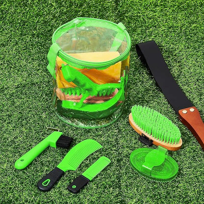 Cunhill 9 Pcs Horse Grooming Kit Tack Room Supplies Set with Tote Bag, Oval Massage Curry, Hard and Soft Brush, Hoof Pick, Sweat Scraper, Bathing Sponge, Comb for Horse Rider(Cute,Green)