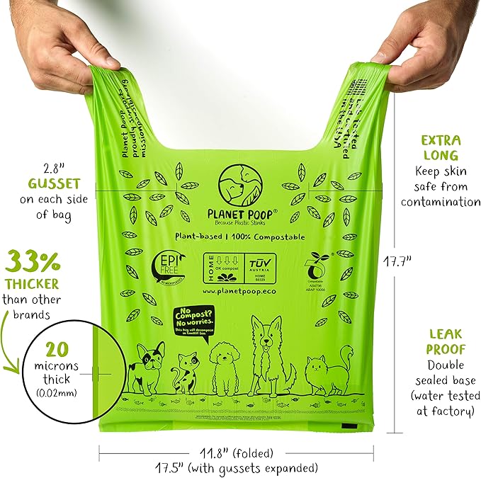 PLANET POOP Home Compostable Dog Bags 90, XL Sized Cat Litter Box Clean-up Doggy Waste Bag with Handles, Pooper Scooper Swivel Bin for Dogs Extra-Large Grocery Size Pet Supplies