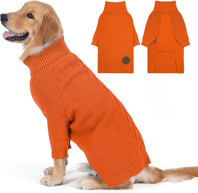 cyeollo Dog Sweater Pullover Turtleneck for Large Dogs, Classic Knitwear Fall Winter Cold Weather Dog Clothes Warm Pet Apparel Small Medium Large Dogs Sweaters, Orange 2XL