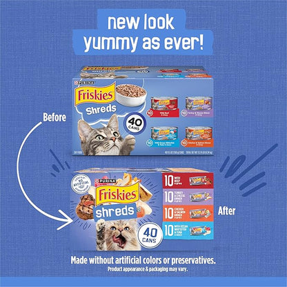 Friskies Purina Wet Cat Food Variety Pack, Shreds with Beef, Turkey & Cheese Dinner, Chicken & Salmon Dinner, and with Ocean Whitefish and Tuna - 5.5 oz. Cans (Pack of 80)