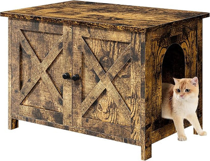 Shintenchi Cat Littler Box Enclosure, Litter Box Furniture Hidden with Removable Divider, Cat House with End Table, Brown, 31.5 inch