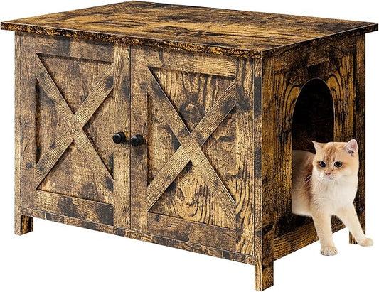 Shintenchi Cat Littler Box Enclosure, Litter Box Furniture Hidden with Removable Divider, Cat House with End Table, Brown, 31.5 inch