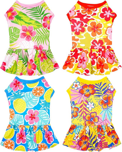 4PCS/Pack Hawaiian Dog Dresses for XXXL Large Dogs Girl Female Pink Yellow Red Blue Skirts Summer Sundress Pineapple Flower Pattern Soft Lightweight for Holiday Party Beach XXXL