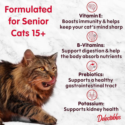 Delectables Lickable Treat Stew Senior 15+ Wet Cat Treat with Real Chicken & Tuna, Food Topper, Hydrating, Grain-Free, No Fillers, No By-Products, No Added Preservatives, 1.4oz Pouch, 12ct
