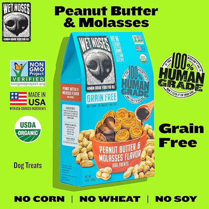 Wet Noses Organic Crunchy Dog Treats – All-Natural, Human-Grade, Non-GMO, Healthy Training & Delicious Snacks for Dogs, All Dog Sizes & Breeds – Grain Free Peanut Butter & Molasses, 14oz (Single Pack)