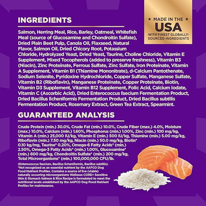 Wellness CORE+ Sensitive Skin and Stomach Adult Dry Dog Food with Freeze Dried Pieces, Wholesome Grain Kibble+, Natural, High Protein, Chicken Free, Salmon and Rice Recipe, 18 lb Bag