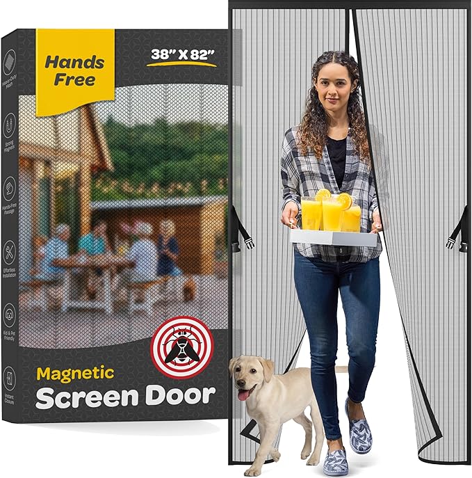 Hands-Free Magnetic Screen Door, Heavy Duty, Self Sealing Screen Door Mesh Protector, Pet and Kid-Friendly, Stay-Open Buckle, Keeps Bugs Out While Letting Nature in, Fits Door Size (38" x 83")