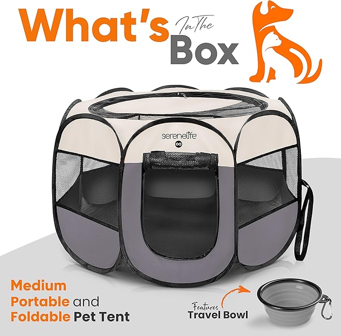 SereneLife ON-The-GO Foldable Portable Pet Tent 8-Panel Playpen for Dog & Cat w/Food/Water Bowl, Mesh, Pet House Indoor & Outdoor, Travel & Camping Pet Kennel Exercise Puppy Playground (Grey - Medium)