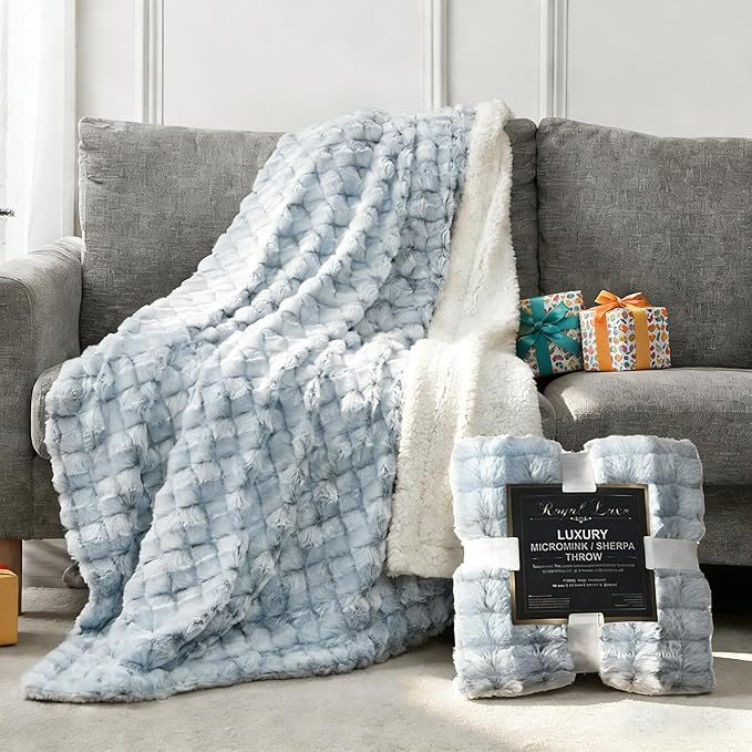 Royal Luxe Micromink Sherpa Throw Blanket for Couch, Fluffy Plush Reversible Throw Blanket for Sofa Bed Chair Room Decor - Luxury Soft Cozy Gifts for Women, 50 x 60 Inches, Navy