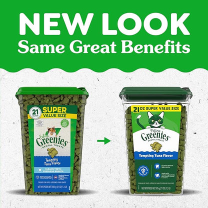 Greenies Cat Treats, Veterinarian-Recommended Adult Natural Dental Cat Treats, Tempting Tuna Flavor, 21 oz. Tub