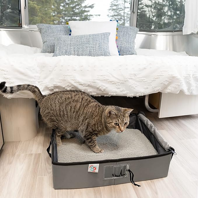 SportPet Designs Portable Travel Litter Box for Cats, Large Collapsible Litter Box with Zippered Lid, Water-Resistant & Leak-Resistant Cat Litter Tray for Travel, Gray