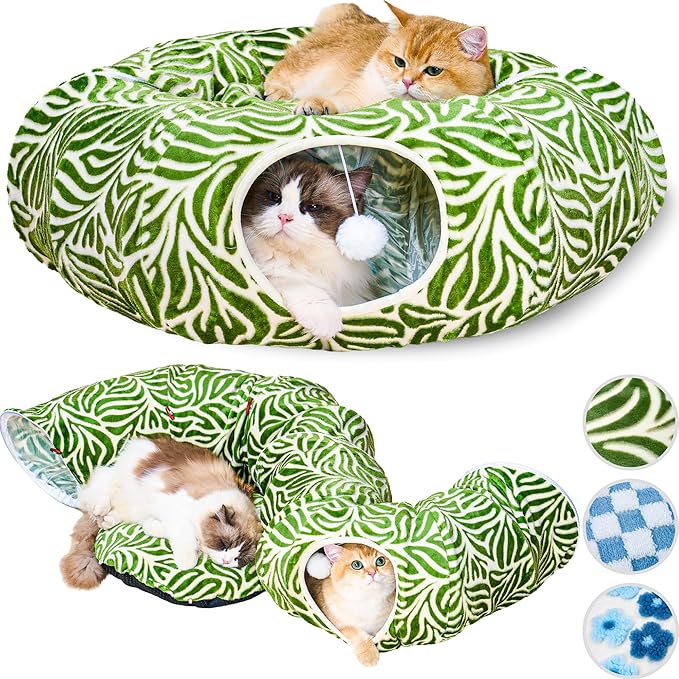 Meowfia Indoor Cat Tunnel with Donut Bed - Large Flexible Play Space for Multiple Pets - Circle or Snake Shape, Cozy Lounge (Jungle Nest)