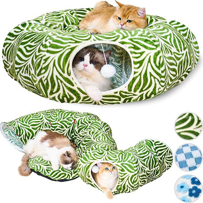 Meowfia Indoor Cat Tunnel with Donut Bed - Large Flexible Play Space for Multiple Pets - Circle or Snake Shape, Cozy Lounge (Jungle Nest)