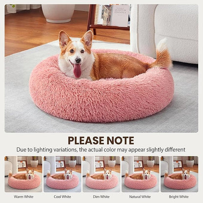 Donut Dog Bed Medium Size Dog, Round Cat Beds for Small Medium Dogs and Cats with Washable Fluffy Faux Fur, Cute Comfort Pet Bed with Anti-Slip Bottom, Pink, 30"