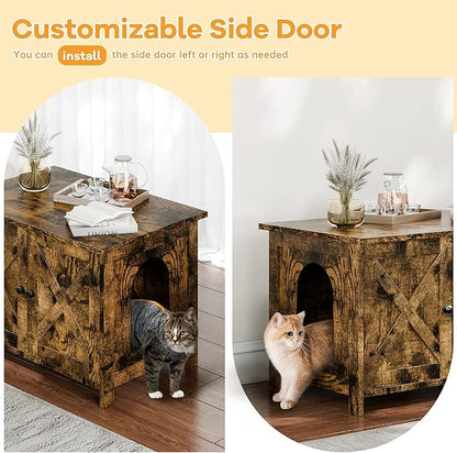 Shintenchi Cat Littler Box Enclosure, Litter Box Furniture Hidden with Removable Divider, Cat House with End Table, Brown, 31.5 inch