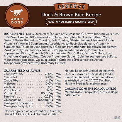 Natural Balance Limited Ingredient Adult Dry Dog Food with Healthy Grains, Reserve Duck & Brown Rice Recipe, 4 Pound (Pack of 1)