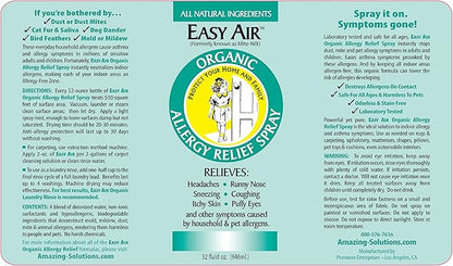 Easy Air Organic Allergy Relief Spray, Clear Liquid Formula for Instant Relief for Symptoms of Pet Allergies, Dust and Mite Allergy - 32 Fl Oz