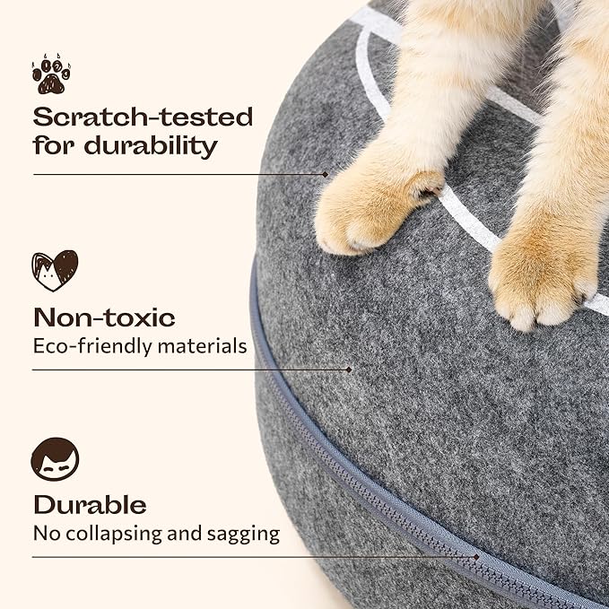 Meowfia Scratch-Resistant Felt Cat Cave – Donut Tunnel Bed Enclosure for Indoor Cats – Multi-Cat Hideaway in Cute Patterns (Light Grey)