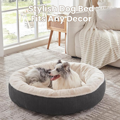 45 inches Donut Dog Bed for Extra Large Dogs,Calming Round Pet Bed with Removable & Washable Cover, Plush Faux Fur & Corduroy, Fits up to 100 lbs Pets(Dark Grey,XL)