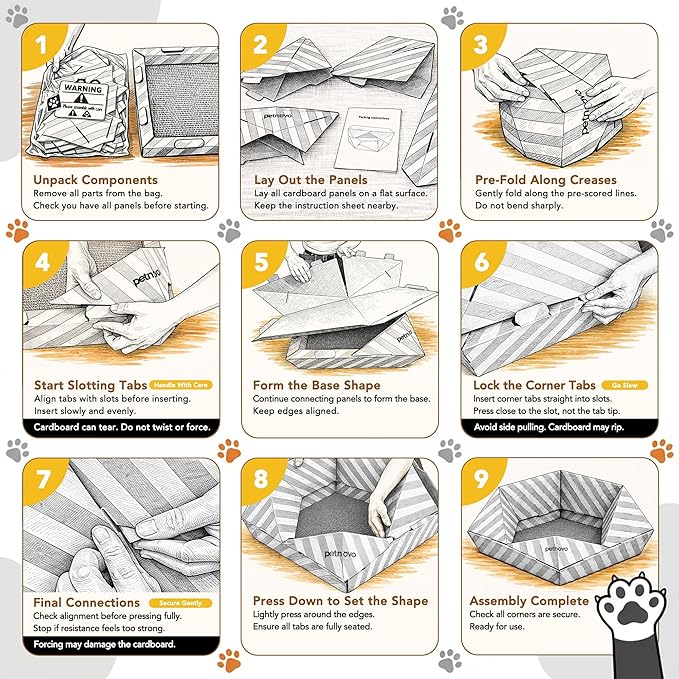 PETNOVO Foldable Cat Bed & House for Travel – Origami Cardboard Cat House with Built-in Honeycomb Scratcher Pad, No-Tools Assembly, FSC-Certified Recyclable, Black, 18.5" L x 18.5" W x 11.8" H