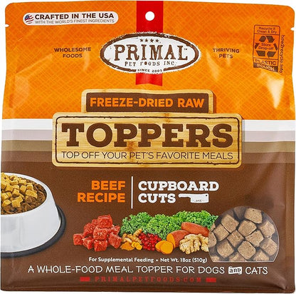 Primal Dog Food Toppers & Cat Food Toppers, Cupboard Cuts, Grain Free Meal Mixers with Probiotics, Raw Freeze Dried Dog Treats & Cat Treats, Great for Training (Beef, 18 oz)