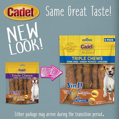 Cadet Gourmet Triple Chews Long-Lasting Pork Hide Sticks with Sweet Potato and Chicken,Healthy Dog Treats for Small & Large Dogs,6 Count (Pack of 2)