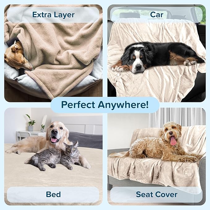 PETMAKER Dog Blanket - 60x70in Reversible Sherpa Blanket - Throw Blankets for Bed, Couch, Crate, or Car - Machine Washable Puppy Essentials (Cream)