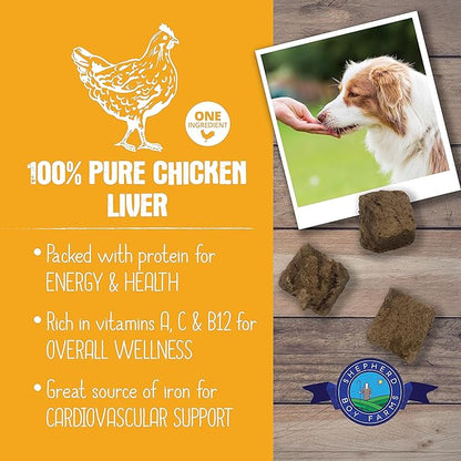 Shepherd Boy Farms Freeze Dried Dog and Cat Treats, Chicken Liver, All Natural Single Ingredient Freeze-Dried Dog Treat & Snacks, Made in USA, High Protein, Essential Nutrition Raw Food, 3oz
