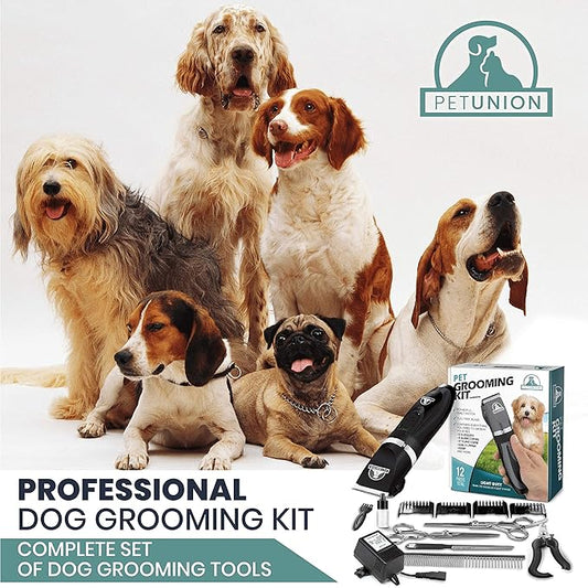 Pet Union Professional Dog Grooming Kit, Rechargeable, Cordless, Low Noise Dog Clippers for Grooming Thick Coats - Clippers, Nail Trimmer, Complete Grooming Set for Dogs, Cats and Other Pets (Chrome)